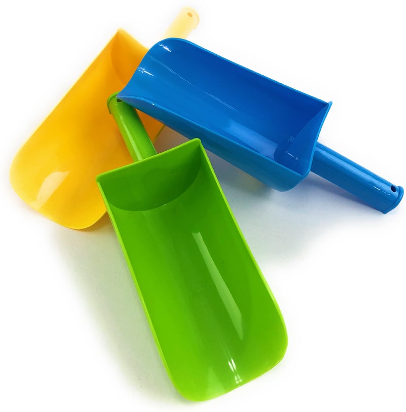 Matty's Toy Stop 9" Kids Short Handle Sand Scoop Plastic Shovels for Sand & Beach (Yellow, Blue & Green) Gift Set Bundle - 3 Pack - Image 1